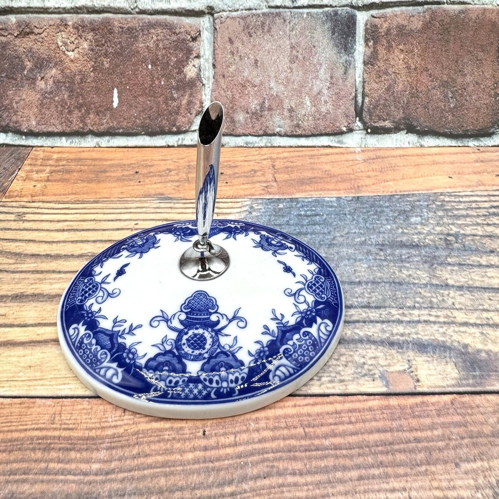 Blue White Porcelain Pen Stand Holder Chinoiserie Transferware Desk Wedding Vtg